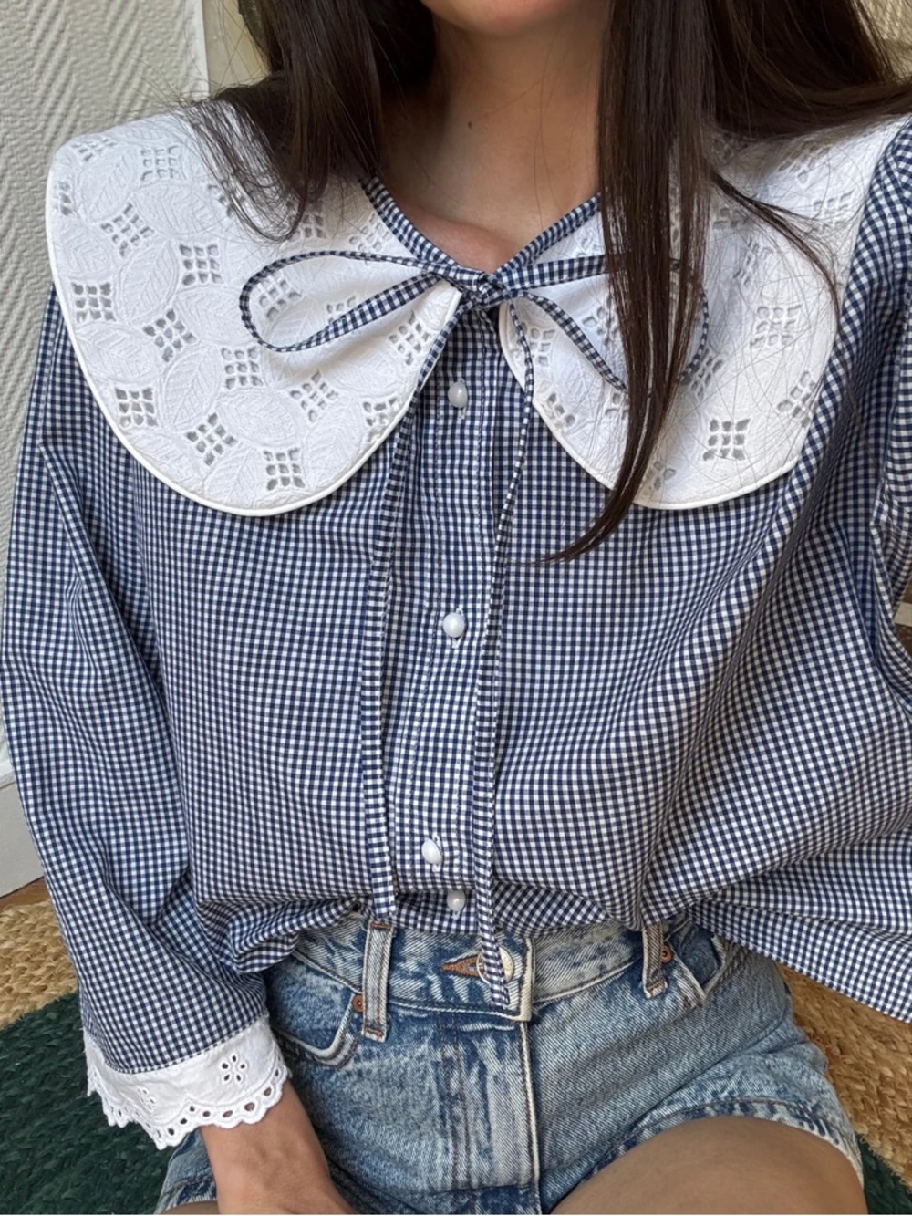 Eseili Paris Large Peter Pan / Round Collar Blue Gingham Top with Bow Tie